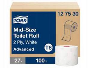 Toaletný papier Tork Mid-size T6 AdvancedCelulóza + recykel Biela 2 9,9cm* 100 m 27 ks  H - Plastobal