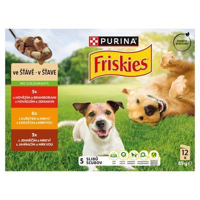KAPSIČKA PES FRISKIES ADULT MULTIPACK HOVÄDZIE/KURA/JAHŇACIE V ŠŤAVE 12x85g - Plastobal