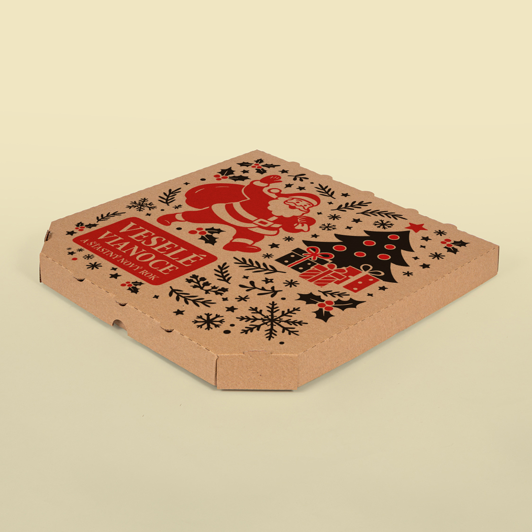 Krabica na pizzu z vlnitej lepenky HNEDÁ HRUBA-33x33x3cm[100 ks]-potlač Vianoce - Plastobal