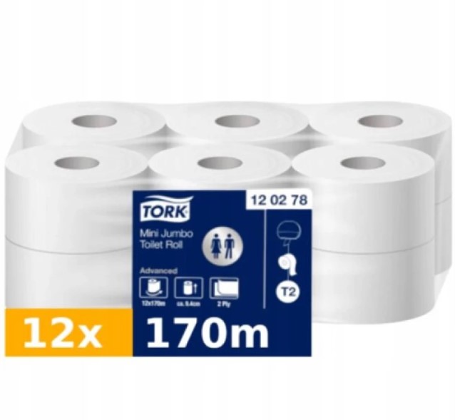 TOALETNÝ Tork Mini Jumbo papier T2 AdvancedRecykel Biela 2 9,4x20cm (12 ks)  HY120280 - Plastobal